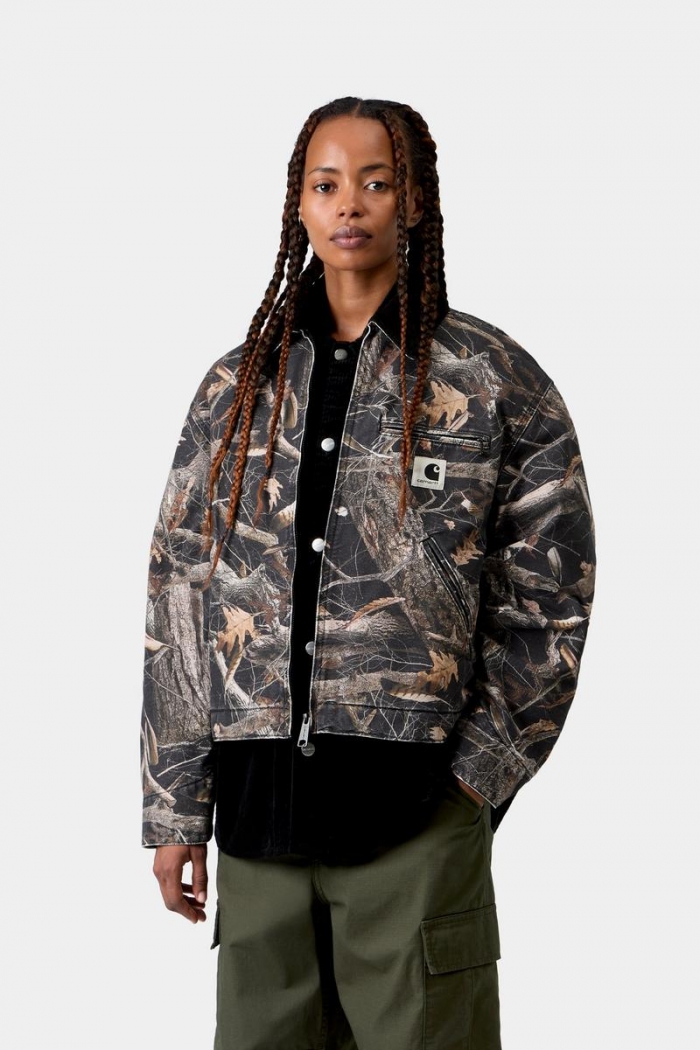Carhartt OG Detroit Jacket - Camo Feather Tree, Black / Black, Heavy stone wash