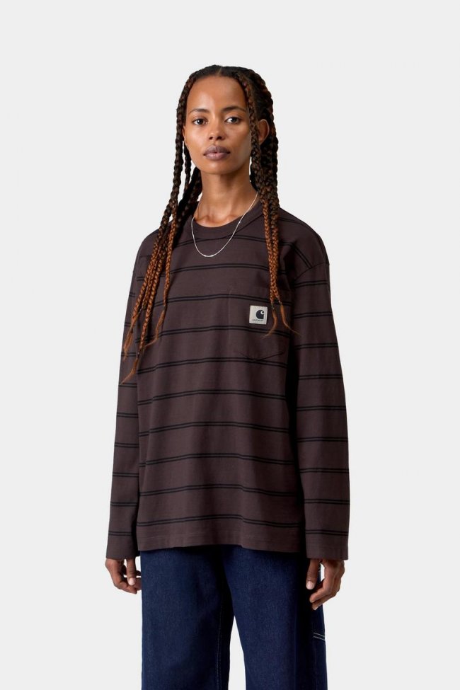 Carhartt L/S Cardona Pocket T-Shirt - Cardona Stripe, Natural / Palisander, Garment dyed
