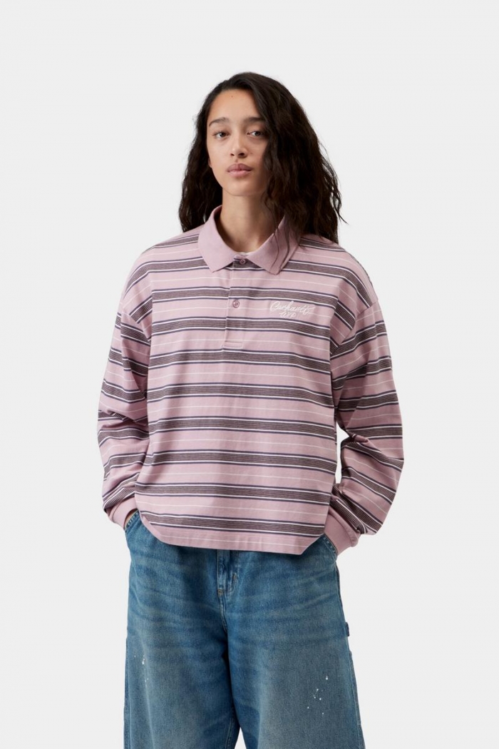 Carhartt L/S Bronson Polo - Bronson Stripe, Hortensia