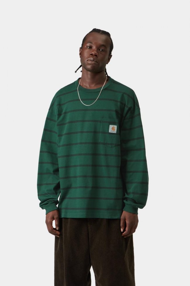 Carhartt L/S Cardona Pocket T-Shirt - Cardona Stripe, Natural / Dark Scarab, Garment dyed