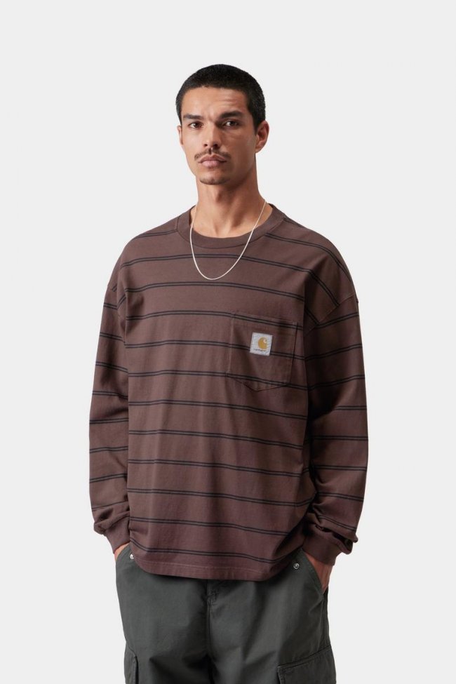 Carhartt L/S Cardona Pocket T-Shirt - Cardona Stripe, Natural / Palisander, Garment dyed