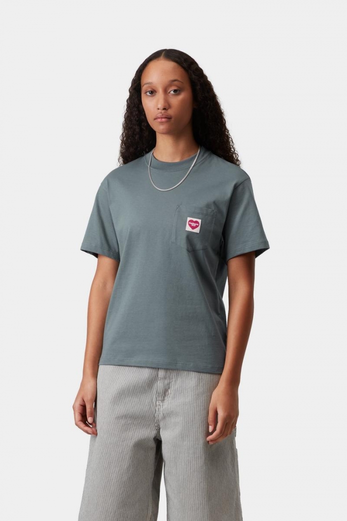 Carhartt S/S Pocket Heart T-Shirt - Cozy Blue / Red