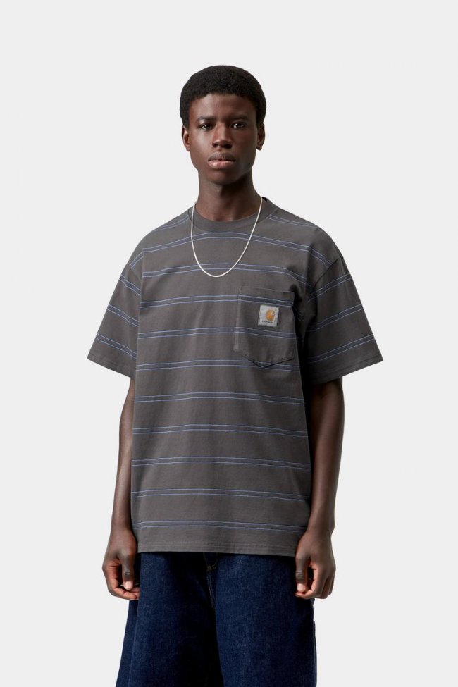 Carhartt S/S Bert Pocket T-Shirt - Bert Stripe, Graphite / Curacao, Garment dyed