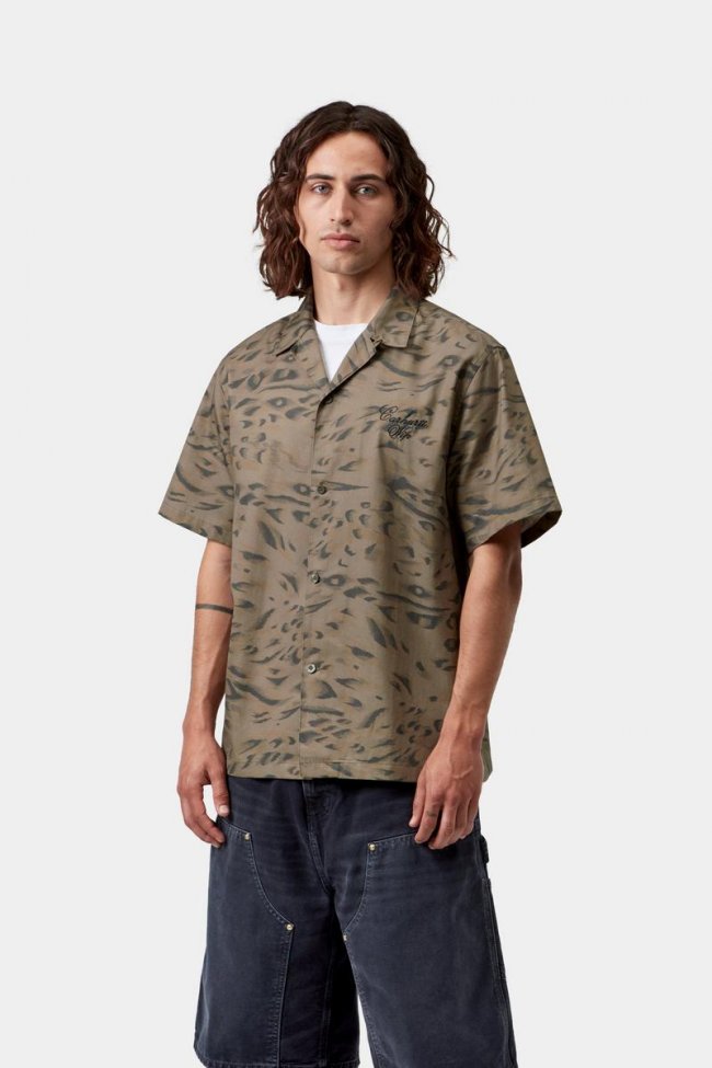 Carhartt S/S Travon Shirt - Duck Feather Print, Cypress / Black