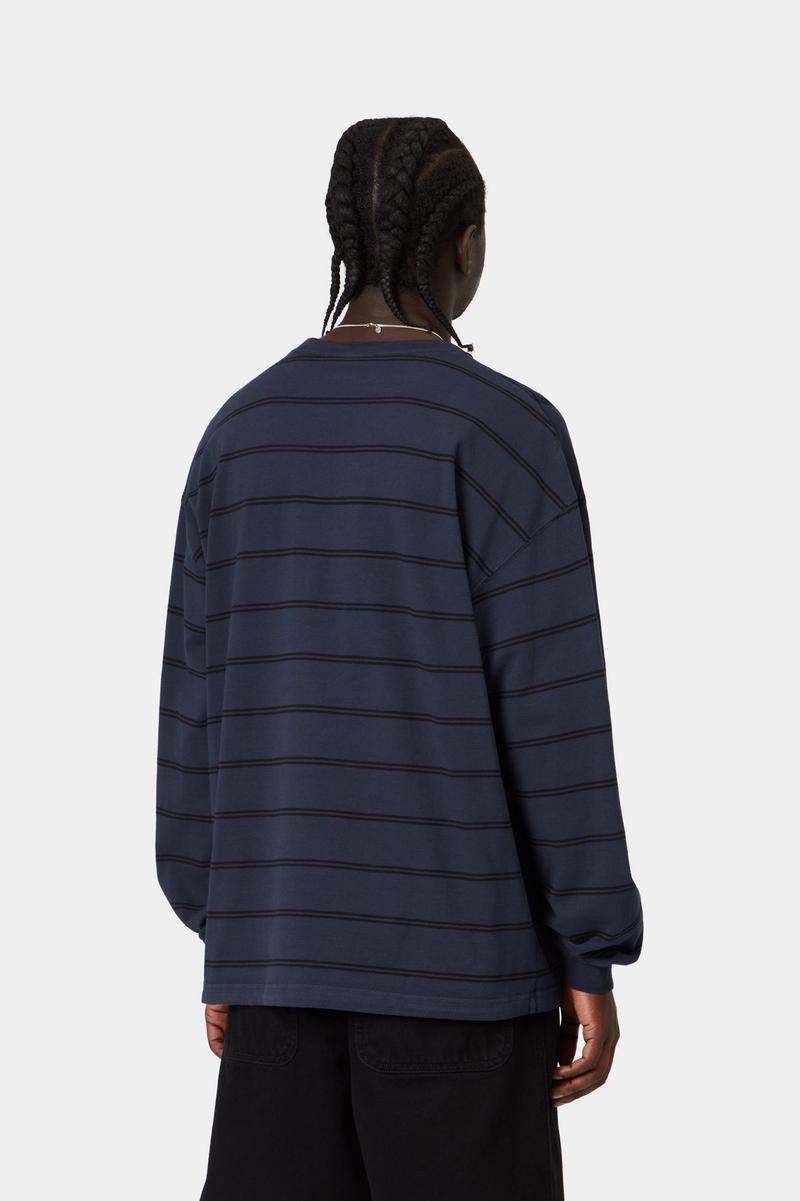 Carhartt L/S Cardona Pocket T-Shirt - Cardona Stripe, Natural / Dark Navy, Garment dyed