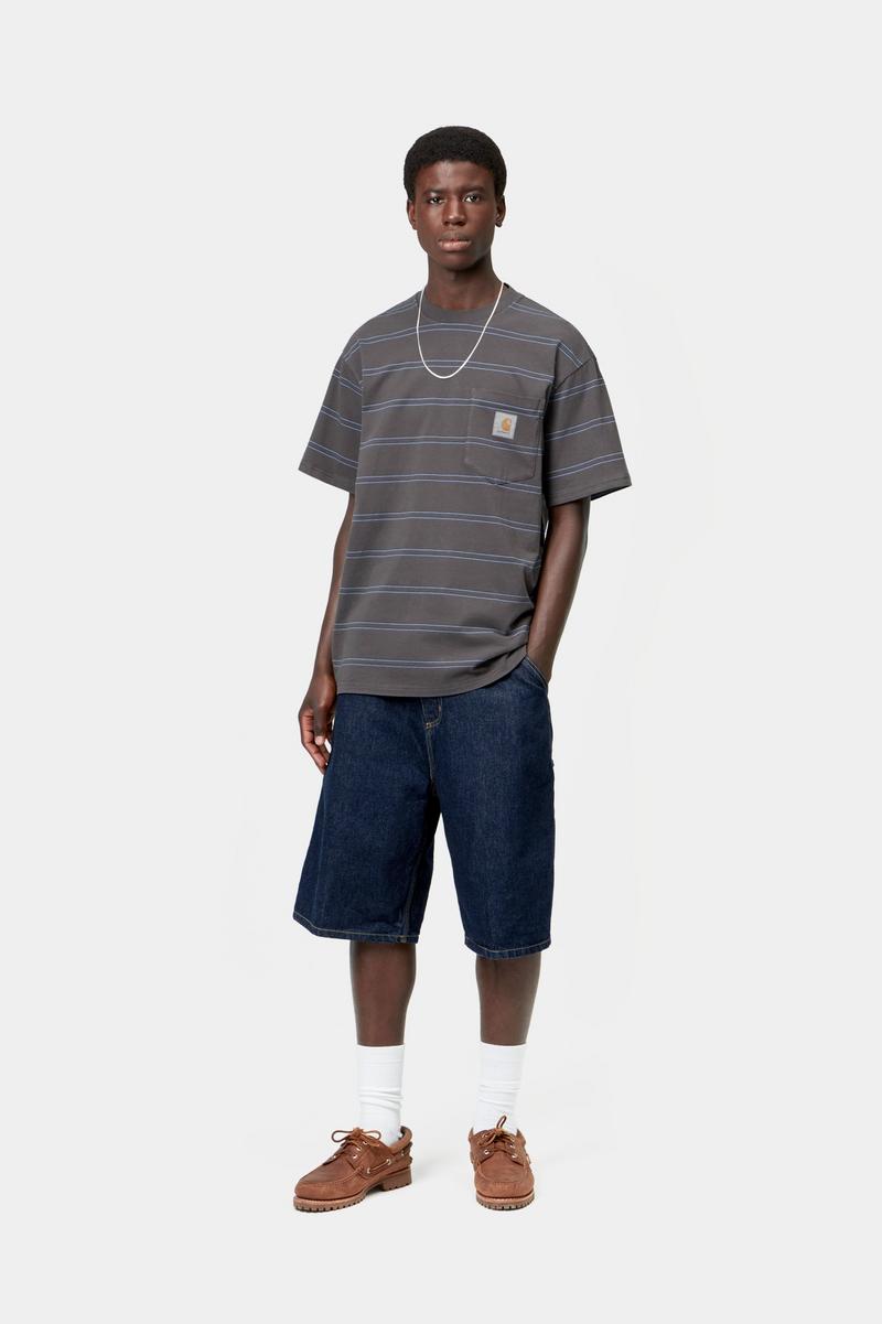 Carhartt S/S Bert Pocket T-Shirt - Bert Stripe, Graphite / Curacao, Garment dyed